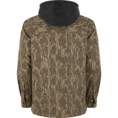 Back view of a Spoonie Campfire Hoodie featuring a brown camouflage pattern and a solid dark gray hood.