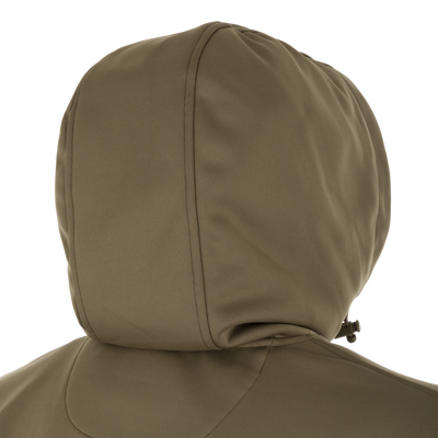 Back view of a Spoonie Hollywood Jacket in olive green, featuring a wind-resistant softshell design with a hood.