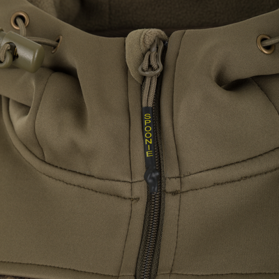 Olive green Spoonie Hollywood Jacket in a wind-resistant softshell material, featuring a hooded design and a zippered neckline with a branded pull tab.
