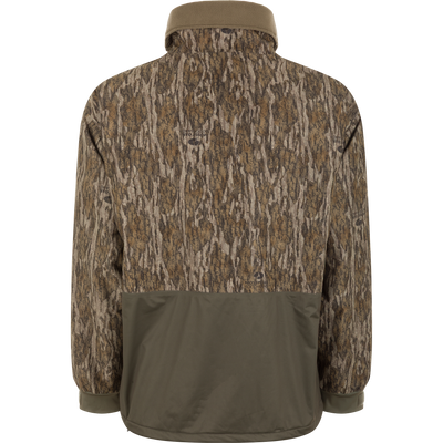 Back view of a Spoonie Waterproof Fleece Lined Quarter Zip Jacket featuring a camouflage print upper and solid olive green lower panel.