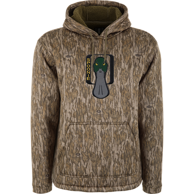 Spoonie Silencer Hoodie in Mossy Oak Bottomland camouflage featuring a heavyweight fleece construction, a front kangaroo pocket, and a large central duck head graphic.