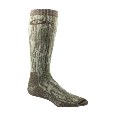 Midweight Merino Camo Mid Calf Hunting Sock featuring a green-brown camouflage pattern, seamless toe, arch support, and DRAKE branding, designed for outdoor performance.