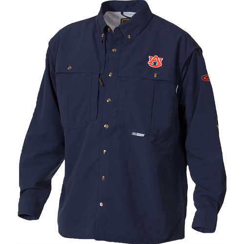 Blue Auburn Wingshooter's Shirt Long Sleeve with logo, front and back ventilation, Magnattach pockets, and zippered chest pocket. Ideal for Game Day. High-quality hunting gear by Drake Waterfowl.