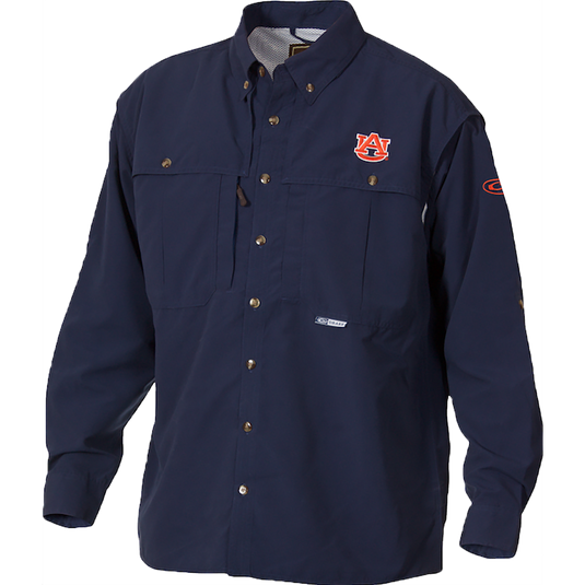 Blue Auburn Wingshooter's Shirt Long Sleeve with logo, front and back ventilation, Magnattach pockets, and zippered chest pocket. Ideal for Game Day. High-quality hunting gear by Drake Waterfowl.