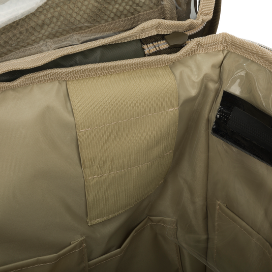 Large Blind Bag: A khaki bag with 18 pockets for organizing gear. Waterproof construction with vinyl liners and a heavy-duty nylon/TPU bottom. Adjustable shoulder strap and dimensions of 18"L x 11"H x 10"D. Perfect for hunting and outdoor activities.