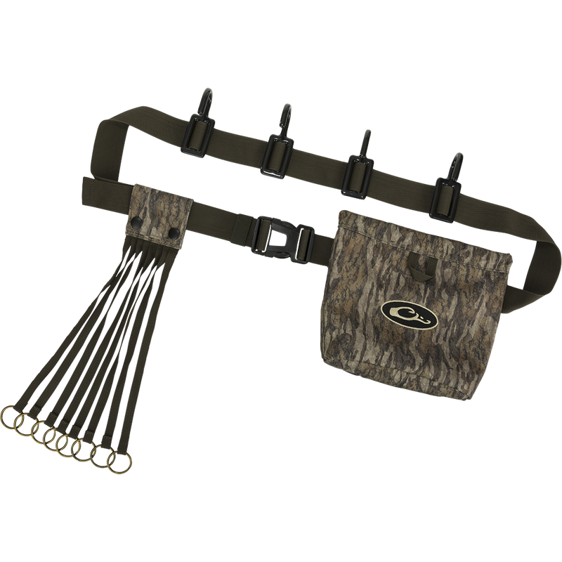 Ultimate Timber Strap: A belt with a bag and metal clips for storage and accessibility during timber hunts. Adjustable tree strap extends to 72