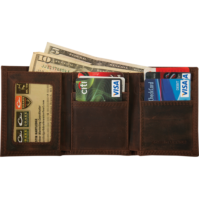 A brown leather tri-fold wallet with the Drake Logo metal oval on the outside, filled with money and credit cards.