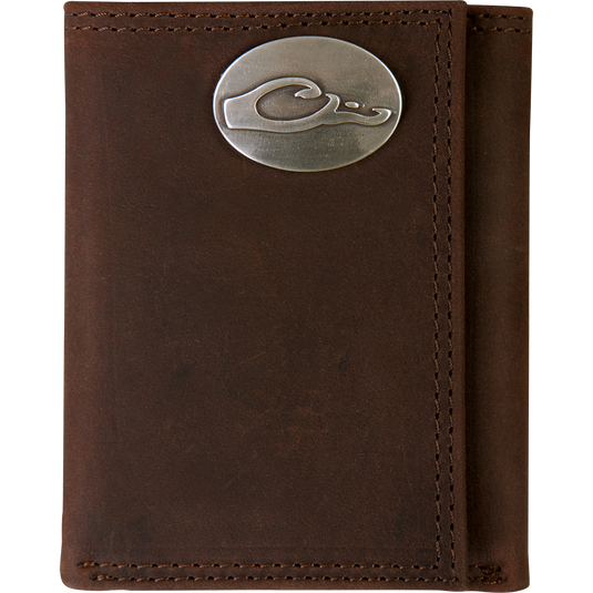 Brown Leather Tri-Fold Wallet with Drake Logo metal oval. Full grain leather and metal oval logo on the outside.