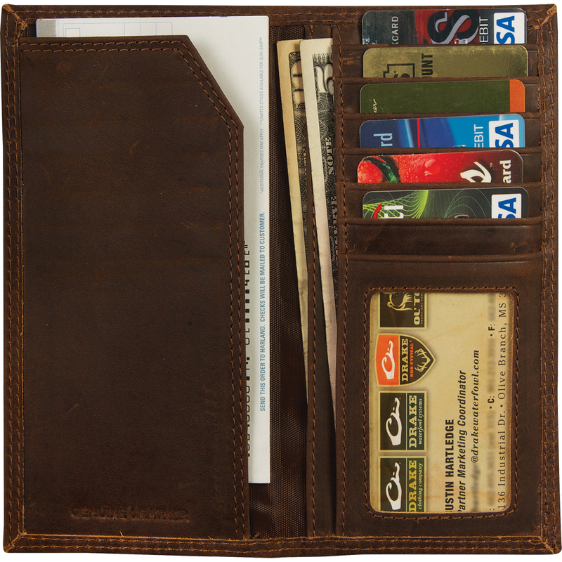 Leather Checkbook Wallet with credit cards and cash inside, featuring the Drake Logo metal oval on the outside.