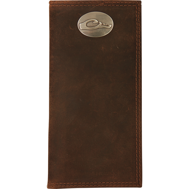 A brown leather checkbook wallet with the Drake Logo metal oval on the outside.
