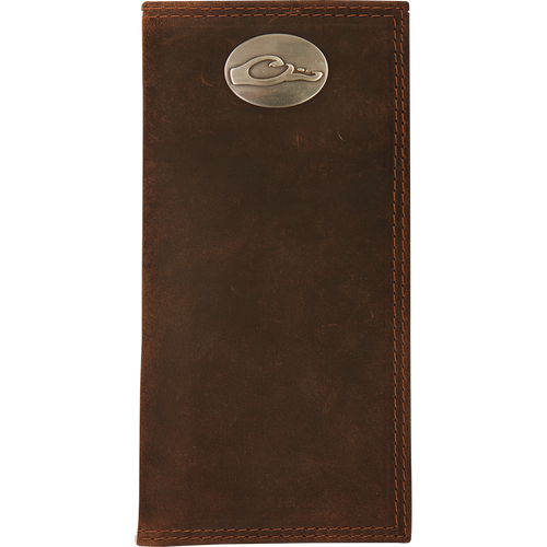 A brown leather checkbook wallet with the Drake Logo metal oval on the outside.