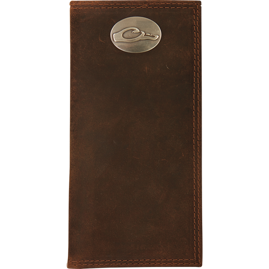 A brown leather checkbook wallet with the Drake Logo metal oval on the outside.