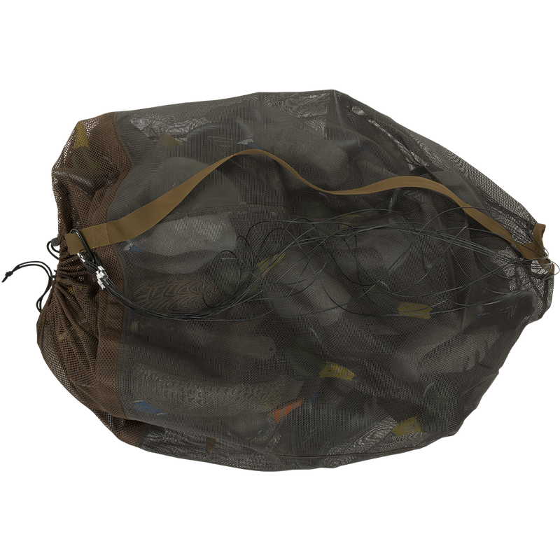 Texas Rig Mesh Decoy Bag: Durable mesh bag with brown strap for storing and transporting decoys. PVC coated main bag and polyester bottom. Shoulder straps for comfortable transportation. External loops for carabiners.