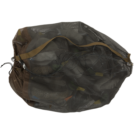Texas Rig Mesh Decoy Bag: Durable mesh bag with brown strap for storing and transporting decoys. PVC coated main bag and polyester bottom. Shoulder straps for comfortable transportation. External loops for carabiners.