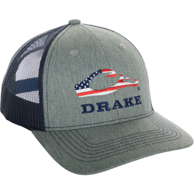 A grey trucker cap with an American flag-filled Drake head logo and the word 