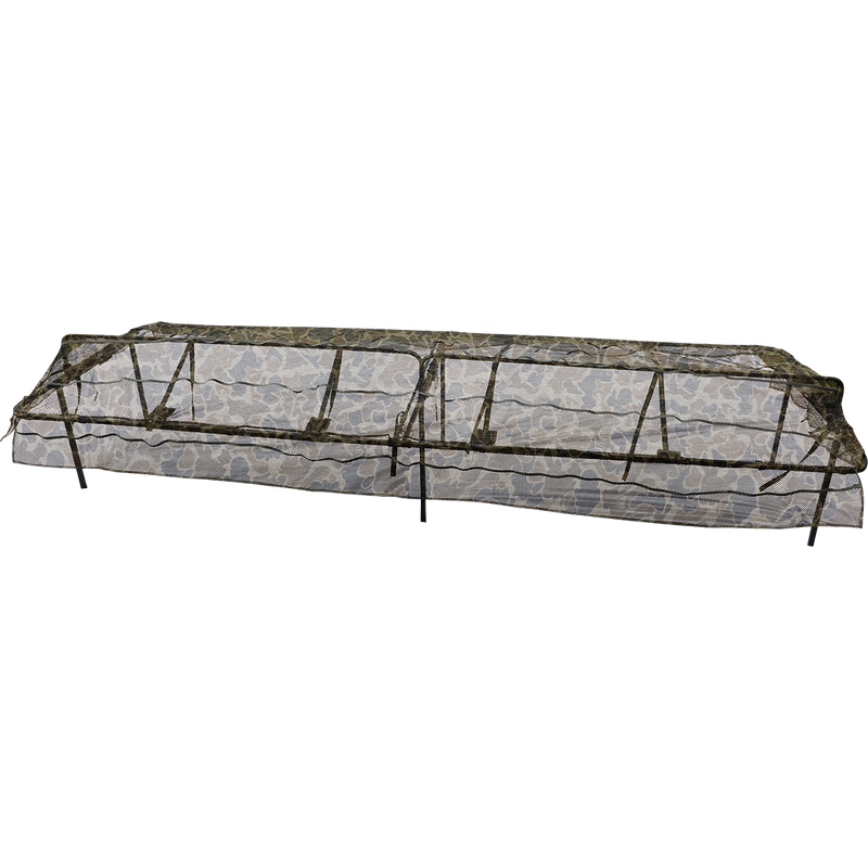 Ghillie 12ft & 16ft Ground Pit Adjustable Top: A fishing net with a camouflage pattern and a gun on it, providing coverage for hunting in a pit blind.