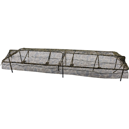 Ghillie 12ft & 16ft Ground Pit Adjustable Top: A fishing net with a camouflage pattern and a gun on it, providing coverage for hunting in a pit blind.