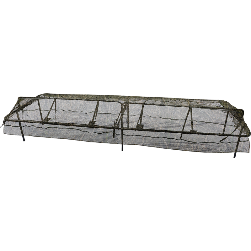 Ghillie 12ft & 16ft Ground Pit Adjustable Top: A close-up of a net with a see-thru mesh top, adjustable height, and adjustable straps.