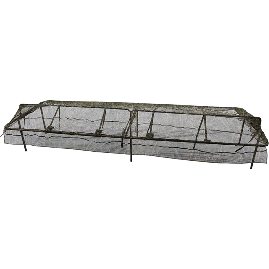 Ghillie 12ft & 16ft Ground Pit Adjustable Top: A close-up of a net with a see-thru mesh top, adjustable height, and adjustable straps.
