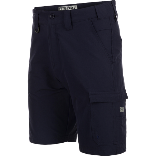 A pair of Performance Hybrid Fishing Shorts with built-in stretch, moisture-wicking fabric, and quick-drying technology. Features include front slash mesh pockets, back zippered pockets, reinforced plier's pocket, and adjustable waistband. 9-inch inseam. From Drake Waterfowl.