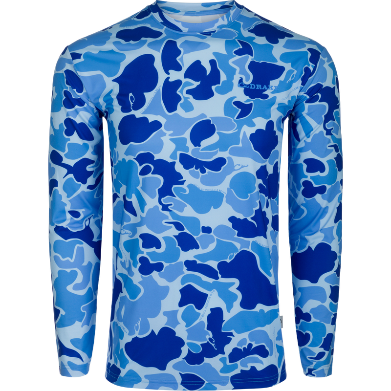 A blue and white Performance Crew shirt with cooling, UPF 50, moisture-wicking, and quick-drying features. Lightweight and versatile for all weather conditions. Perfect for water, field, or any performance needs.