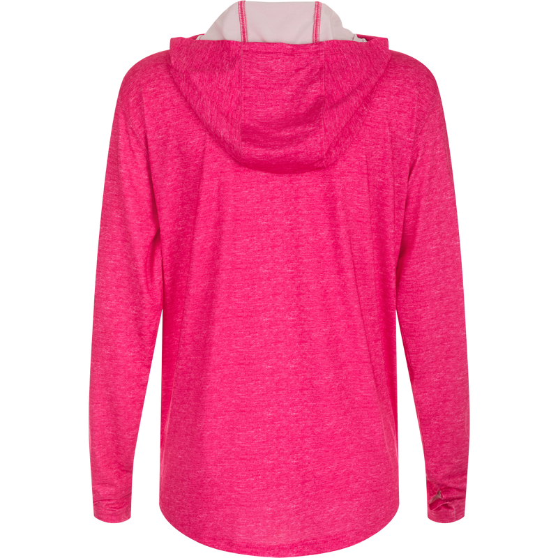 Women's Performance Hoodie Heather: A versatile pink jacket with a hood, designed for exceptional functionality and performance. Features include Built-In Cooling, UPF 50, Moisture Wicking, Breathable Stretch, and Quick Drying. Lightweight at 145 GSM. Perfect for beach, water, or any adventure. From Drake Waterfowl, known for high-quality hunting gear and casual apparel.