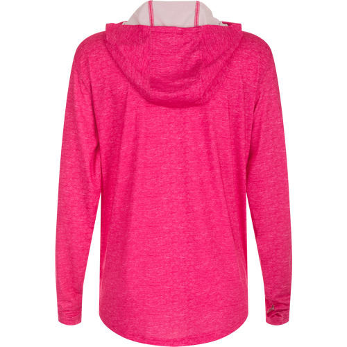Women's Performance Hoodie Heather: A versatile pink jacket with a hood, designed for exceptional functionality and performance. Features include Built-In Cooling, UPF 50, Moisture Wicking, Breathable Stretch, and Quick Drying. Lightweight at 145 GSM. Perfect for beach, water, or any adventure. From Drake Waterfowl, known for high-quality hunting gear and casual apparel.