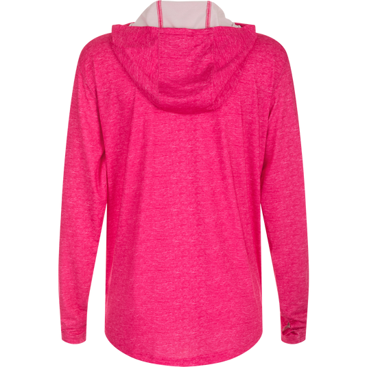 Women's Performance Hoodie Heather: A versatile pink jacket with a hood, designed for exceptional functionality and performance. Features include Built-In Cooling, UPF 50, Moisture Wicking, Breathable Stretch, and Quick Drying. Lightweight at 145 GSM. Perfect for beach, water, or any adventure. From Drake Waterfowl, known for high-quality hunting gear and casual apparel.