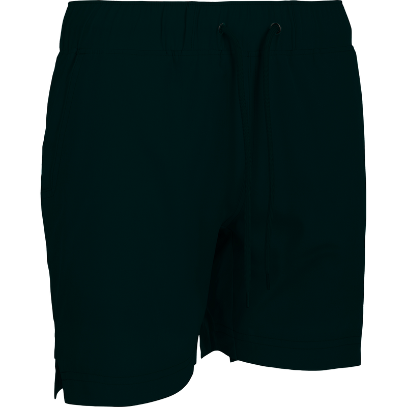 A versatile black shorts with a drawstring and built-in liner, perfect for the gym or beach. Features include 4-way stretch, quick-drying fabric, and moisture-wicking technology. Back and front pockets, scalloped hem, and a 7-inch inseam. From Drake Waterfowl.