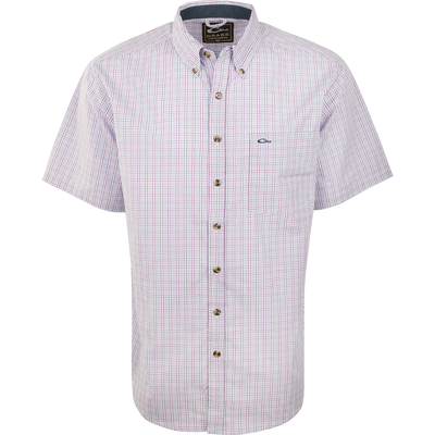 Close-up of the Big Easy Plaid Shirt S/S, featuring a button-down collar and left chest pocket, made with quick-drying, breathable StayCool fabric.