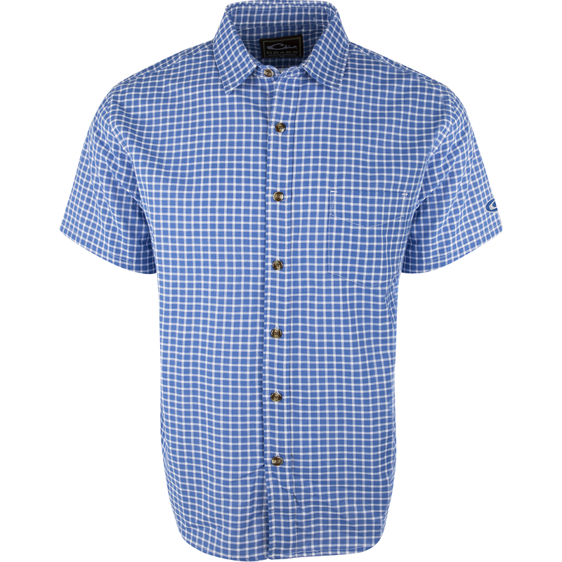 A blue and white plaid NeverTuck Shirt S/S made of soft-washed 100% cotton. Features include an open collar style and a left chest pocket. Perfect for looking and feeling your best. From Drake Waterfowl, a store known for high-quality hunting gear and casual apparel.