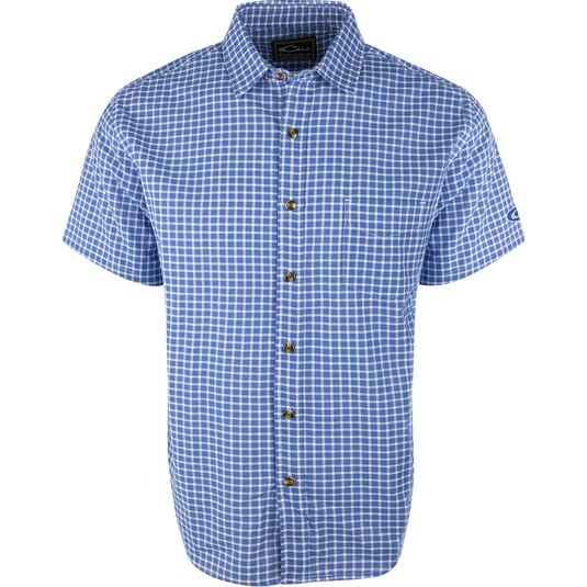A blue and white plaid NeverTuck Shirt S/S made of soft-washed 100% cotton. Features include an open collar style and a left chest pocket. Perfect for looking and feeling your best. From Drake Waterfowl, a store known for high-quality hunting gear and casual apparel.