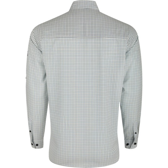 A lightweight, wrinkle-resistant Traveler's Mini Grid Long Sleeve shirt with Four Way Stretch and split tail hem. Ideal for the man on the go.