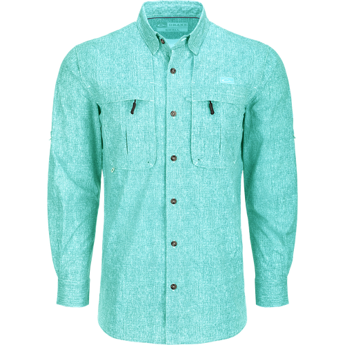 Heritage Heather Shirt L/S: A performance shirt with buttons, pockets, and adjustable roll-up sleeves. Made of lightweight, moisture-wicking polyester micro mesh for natural cooling and quick drying. Features UPF30 sun protection, hidden button-down collar, vented cape back, and split tail hem. Ideal for outdoor activities or office wear.