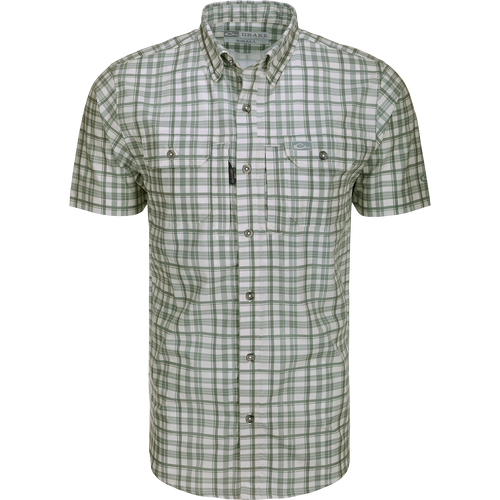 Hunter Creek Window Pane Plaid Shirt S/S: A lightweight, moisture-wicking shirt with micro-mesh for natural cooling, UPF 30 sun protection, and hidden button-down collar. Features include vented back cape, chest pockets with Magnattach™ and YKK zipper closures, sculpted hem, and built-in sunglass wipe.