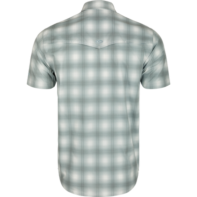 Cinco Ranch Western Plaid Shirt - Back view of lightweight polyester shirt with micro-mesh for natural cooling, vented Western back, and two button-through chest pockets.