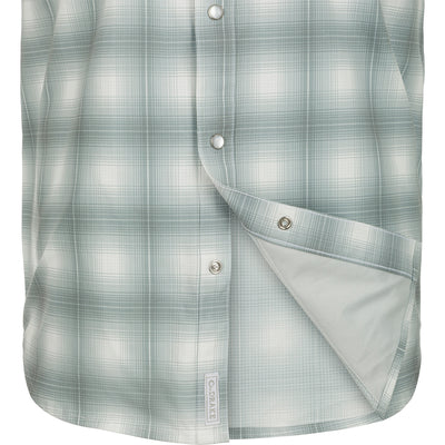 Cinco Ranch Western Plaid Shirt: Close-up of a lightweight, moisture-wicking shirt with micro-mesh fabric for natural cooling. Features include UPF30 sun protection, hidden button-down collar, and two snap button chest pockets with Magnattach closure. Perfect for hunting, fishing, and outdoor activities.