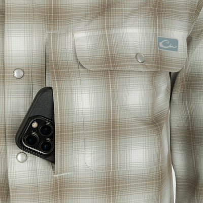 Cinco Ranch Western Plaid Shirt L/S in pocket, featuring micro-mesh for natural cooling, UPF 30 sun protection, and moisture-wicking technology.