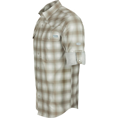 Cinco Ranch Western Plaid Shirt L/S: A close-up of a shirt collar with Faux Pearl Snaps and hidden button-down collar.