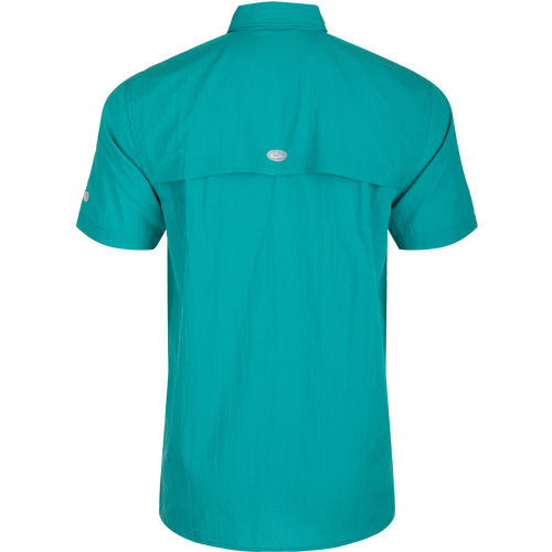 Classic Seersucker Minicheck Shirt S/S: Back view of a blue shirt with hidden button-down collar, zippered chest pocket, and vented cape back.