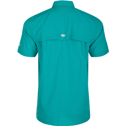 Classic Seersucker Minicheck Shirt S/S: Back view of a blue shirt with hidden button-down collar, zippered chest pocket, and vented cape back.