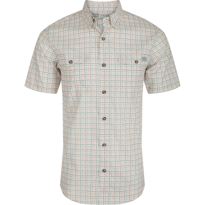 Frat Tattersall Shirt S/S - A lightweight, moisture-wicking shirt with UPF30 sun protection. Features a hidden button-down collar, vented cape back, and two chest pockets. Sculpted hem and built-in sunglass wipe. Classic style with technical features.