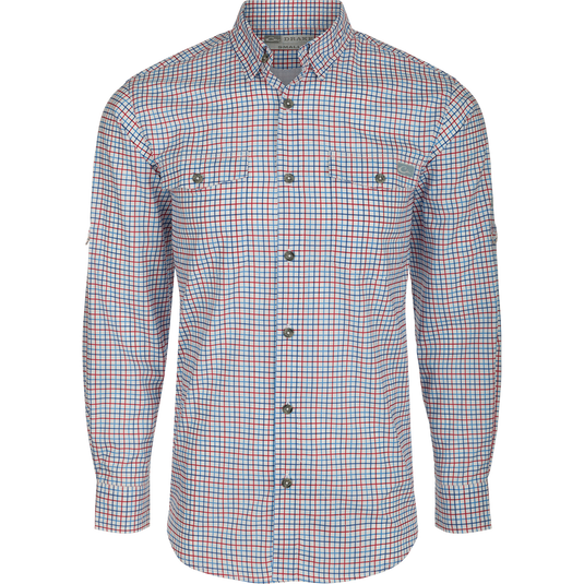 Frat Tattersall Shirt L/S: A classic fit shirt with hidden button-down collar, chest pockets, and vented cape back. Lightweight, moisture-wicking fabric with UPF30 sun protection and built-in stretch. Sculpted hem and roll-up long sleeves with tab holder.
