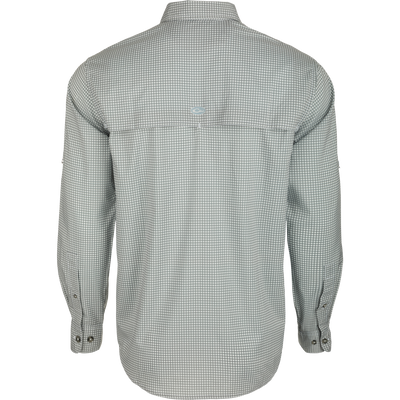 Frat Gingham Check Shirt L/S - Back view of lightweight polyester/spandex shirt with hidden button-down collar, vented cape back, and two chest pockets. Sculpted hem and adjustable roll-up sleeves with tab holder. Moisture-wicking, quick-drying, and UPF30 sun protection. Classic styling meets technical features.