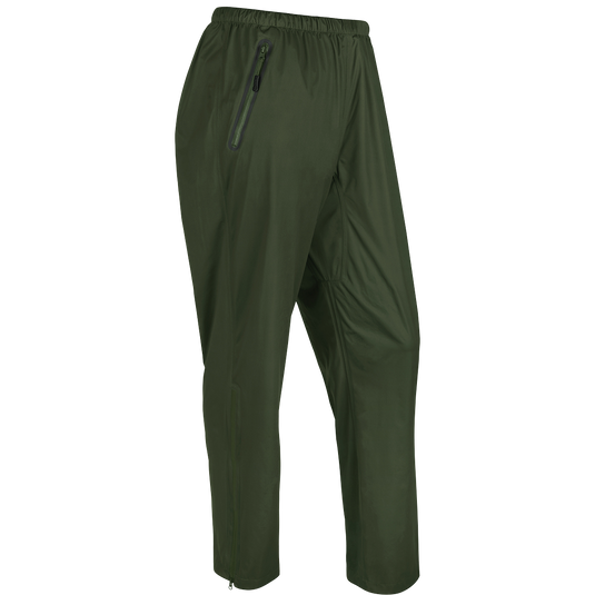 A packable waterproof/windproof pant from Drake Waterfowl. Ultralight and breathable, perfect for spring showers. Adjustable waist and hood for a customizable fit. Lower leg openings with zippers. Packable in left pocket.