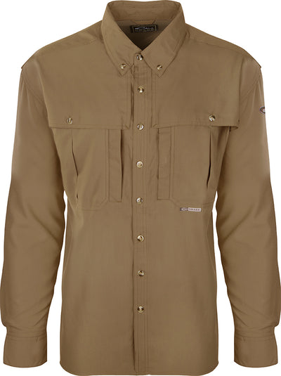 A lightweight, quick-drying, and stylish Youth Flyweight™ L/S Wingshooter's Shirt for active kids. Features include a Magnattach™ pocket, heat vents, sun blocker collar, and mesh back for air circulation. Perfect for school, play, and outdoor adventures.