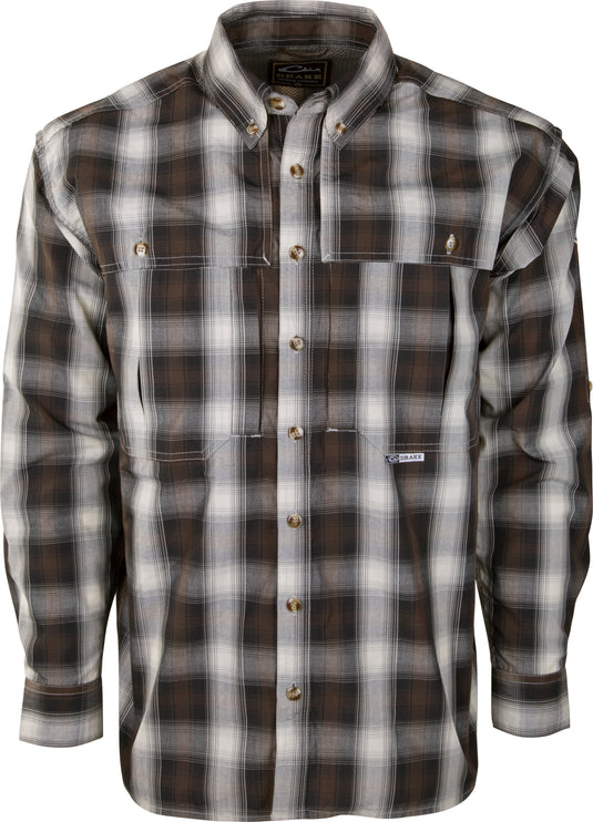 A close-up of the OL - Wingshooter's Small Check Plaid L/S shirt with buttons, offering UPF 30+ protection and breathable fabric for outdoor activities.
