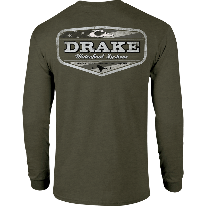 Americana Badge Long Sleeve T-Shirt with front pocket Drake logo and Americana badge graphic on the back, made of a soft 60% cotton and 40% polyester blend.