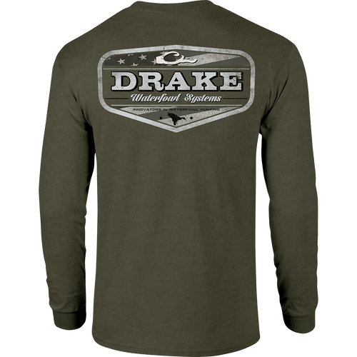 Americana Badge Long Sleeve T-Shirt with front pocket Drake logo and Americana badge graphic on the back, made of a soft 60% cotton and 40% polyester blend.