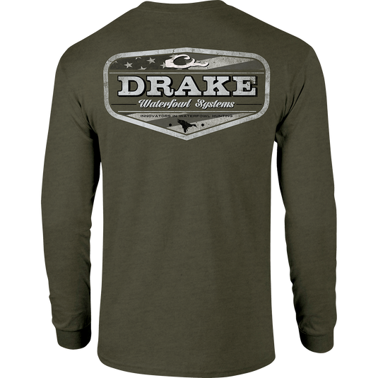 Americana Badge Long Sleeve T-Shirt with front pocket Drake logo and Americana badge graphic on the back, made of a soft 60% cotton and 40% polyester blend.